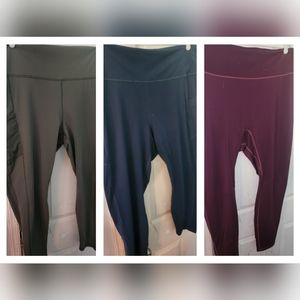 Bundle of three Fabletics leggings 4x olive, teal, and burgundy